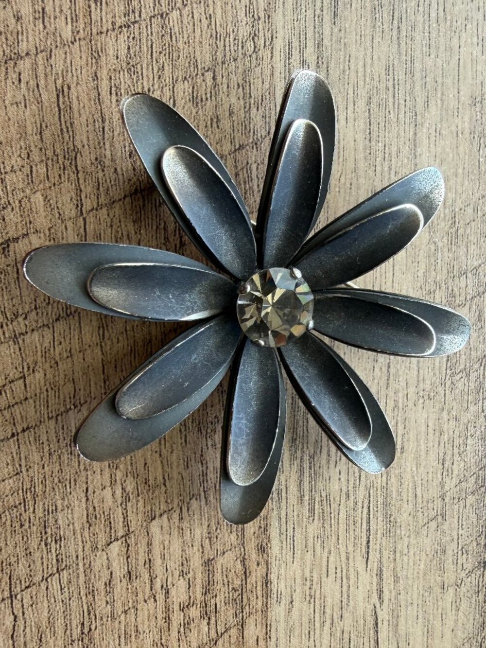 Oversized Gunmetal Flower Brooch Smoky Rhinestone Statement Pin